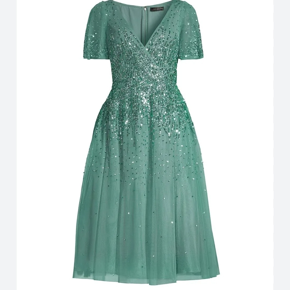 Aidan Mattox Beaded V-Neck Short Sleeve A-Line Midi Dress